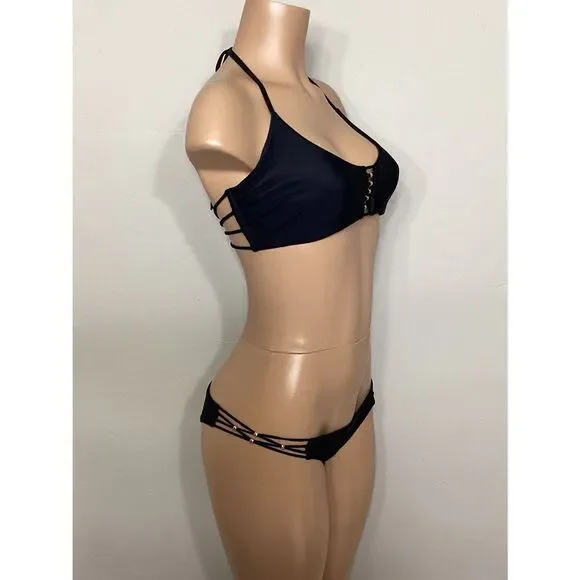New. Pilyq black braided bikini set. D-cup/M-bottom